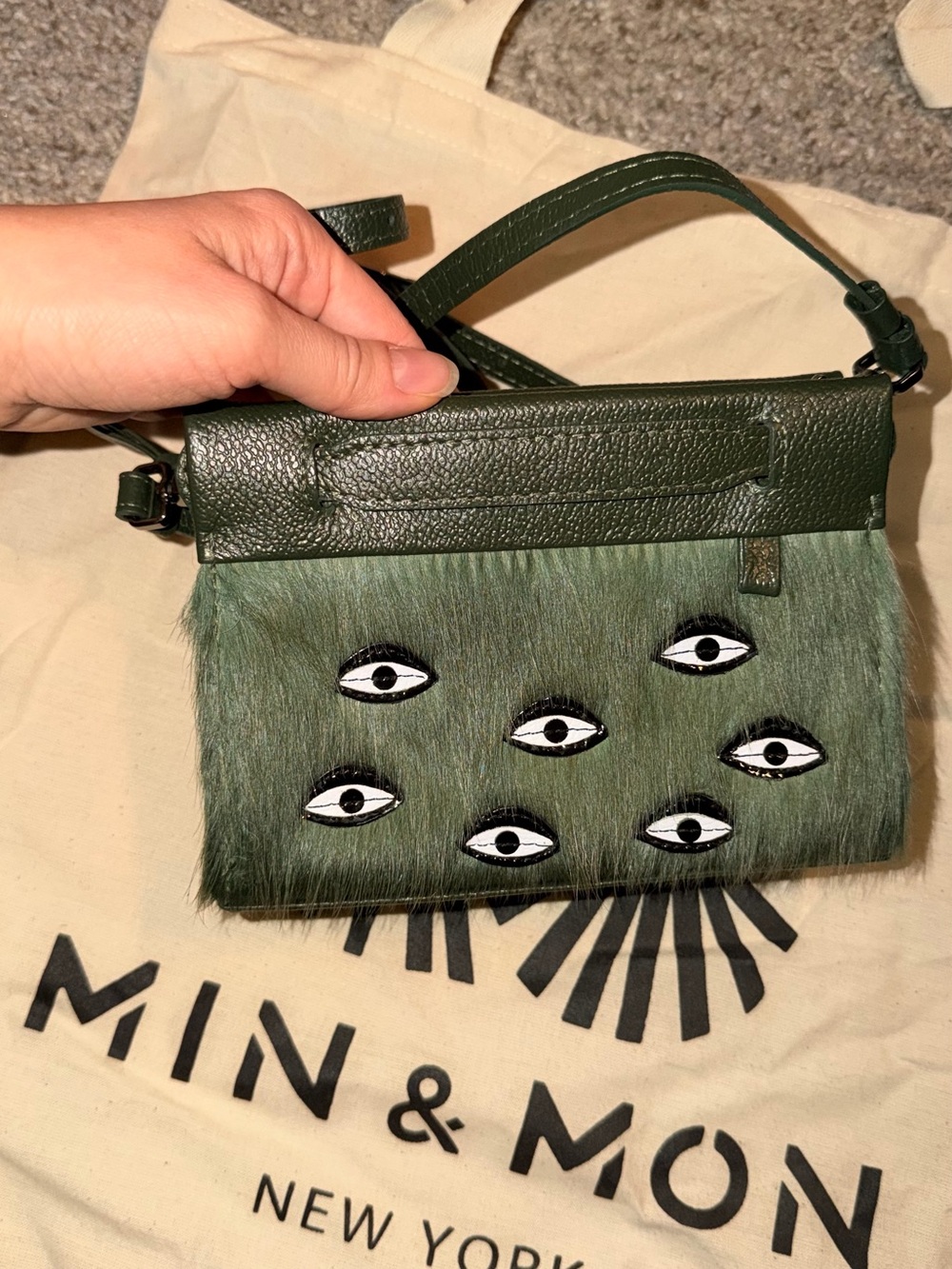 Min & Mon Green Fur Crossbody with Eye Appliqués